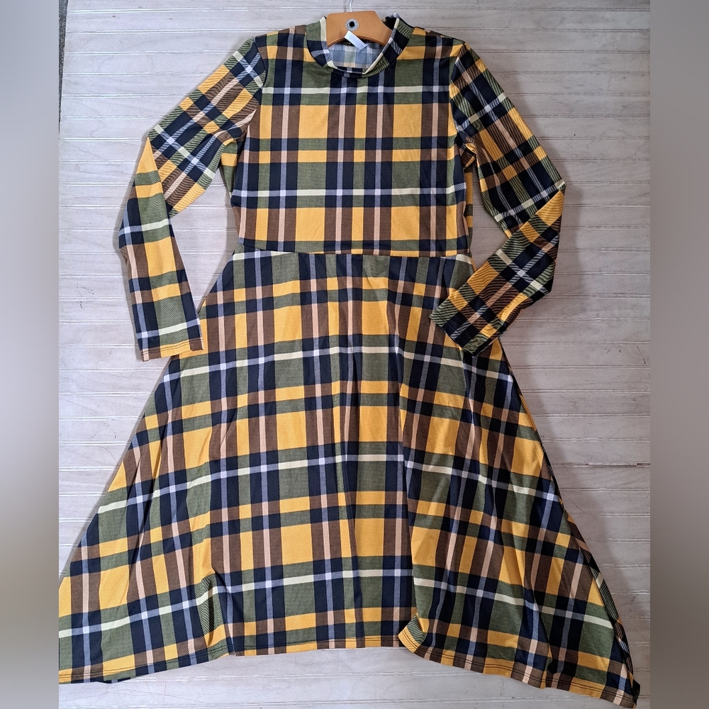 Piphany Plaid Striped Stretchy Below Knee Length Modest Long Sleeve Midi Dress